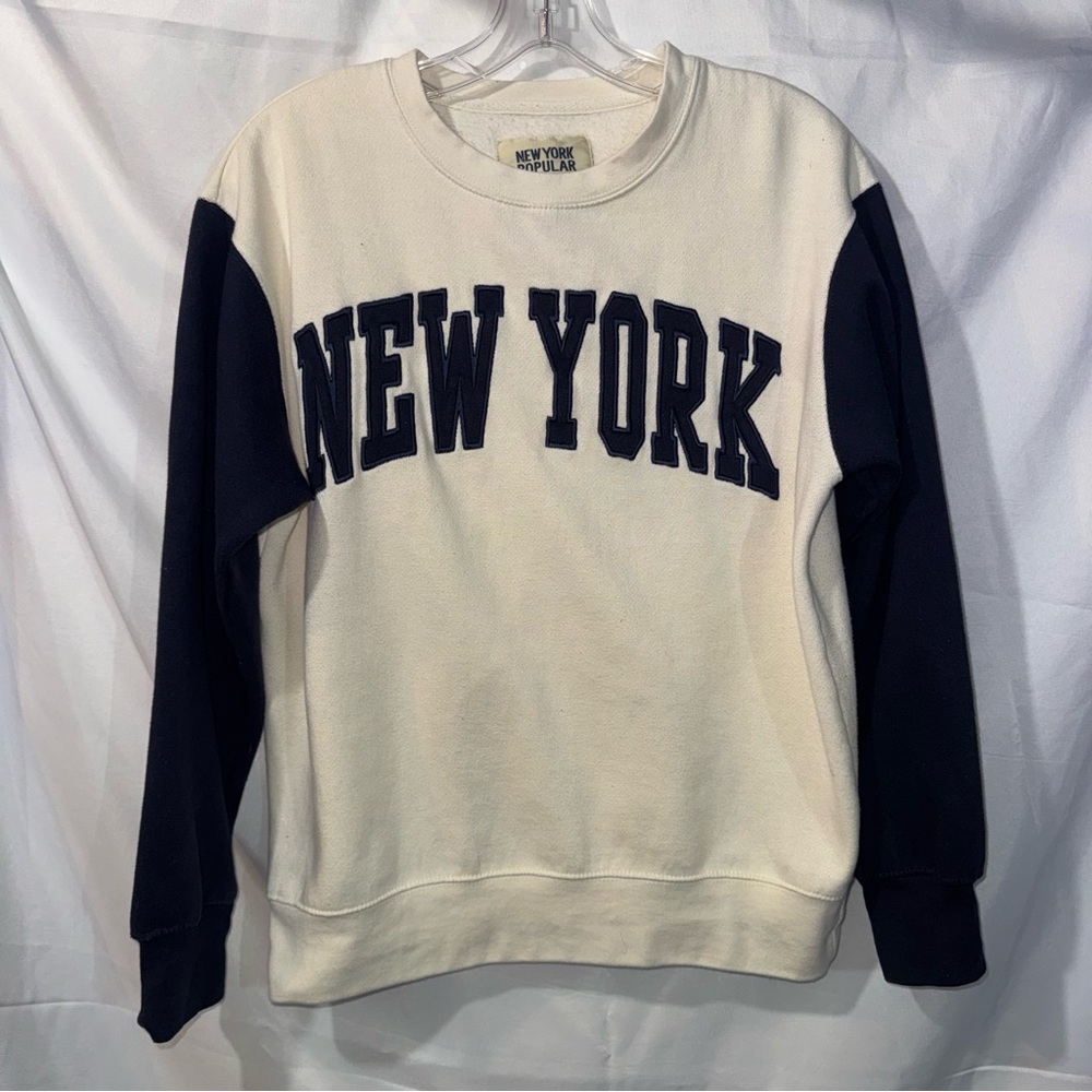 New York Popular NY Crew neck Sweater Women’s Sz M Cotton Polyester Navy & White - Picture 2 of 8
